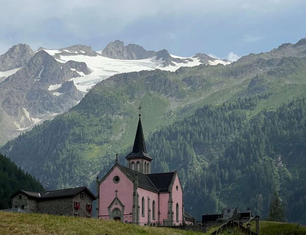 A pink church in Trient, Switzerland.