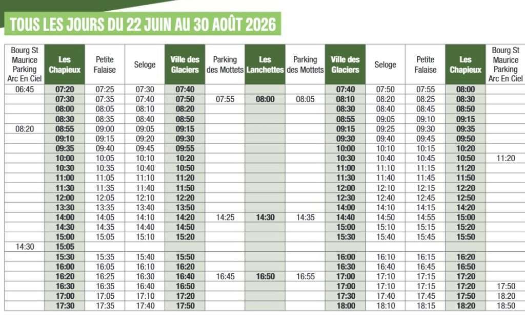 2026 Timetable for the Les Chapieux navette