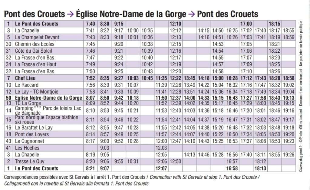 Timetable for the Les Contamines Navette, 2026