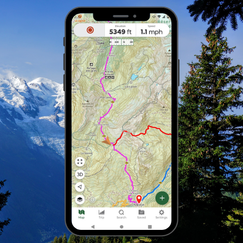 A phone screen shows a hiking route and hiker's location.