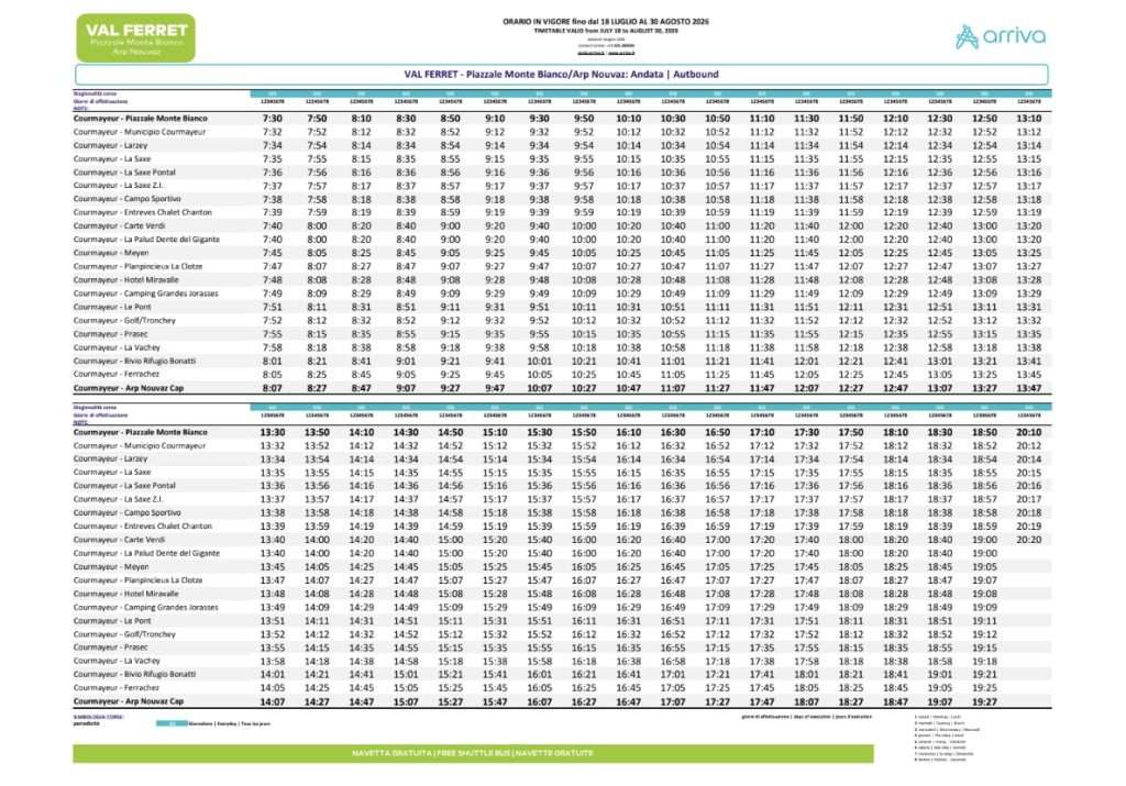 Sample 2026 Val Ferret bus timetable