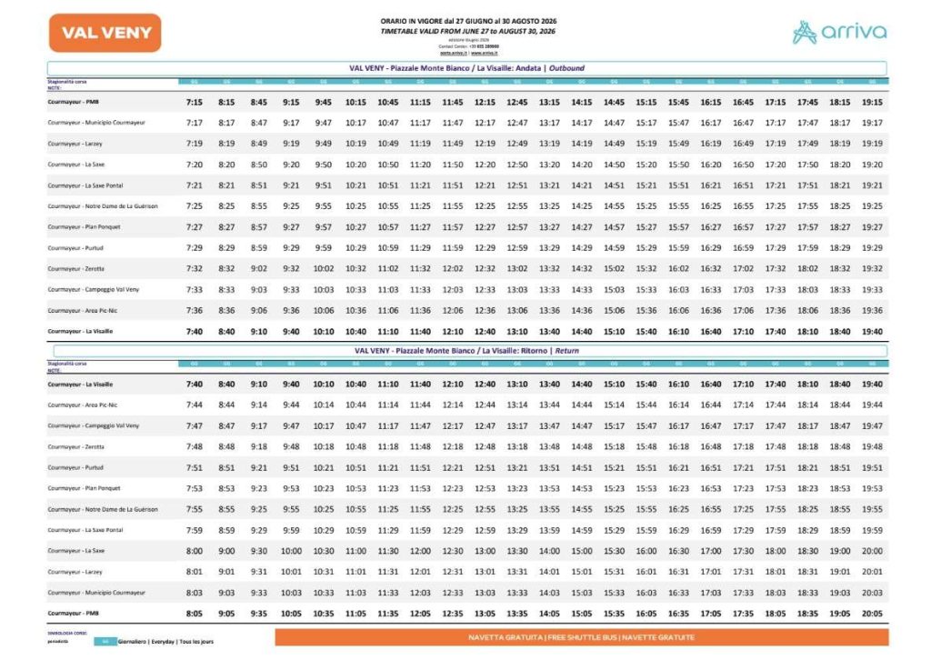 Timetable for the 2026 Val Veny Bus.