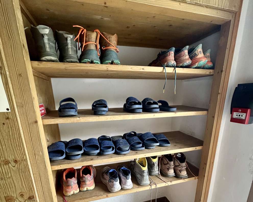 Boot storage area at Refuge des mottets