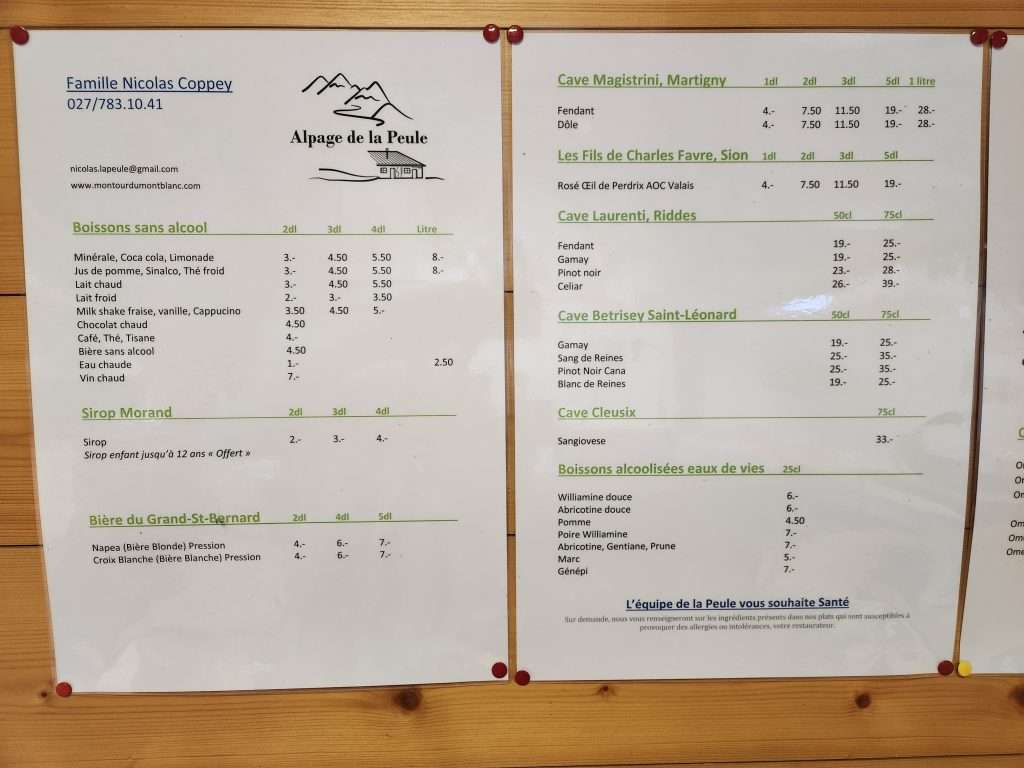 drink menu at alpage de la peule