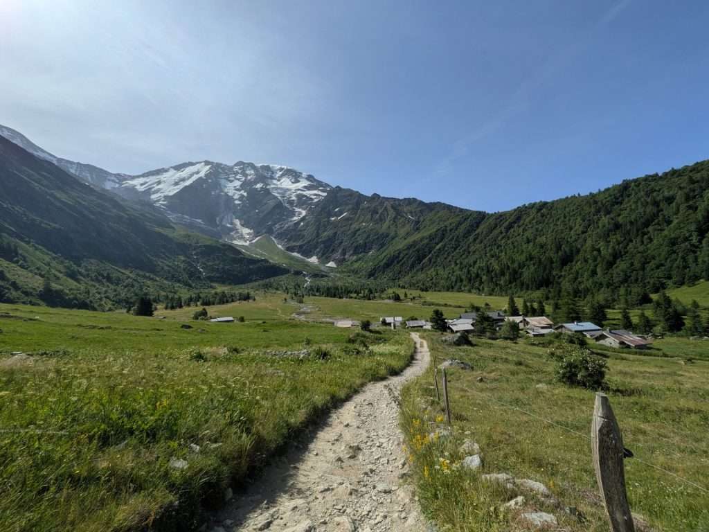 A trail heading into the miage valley.