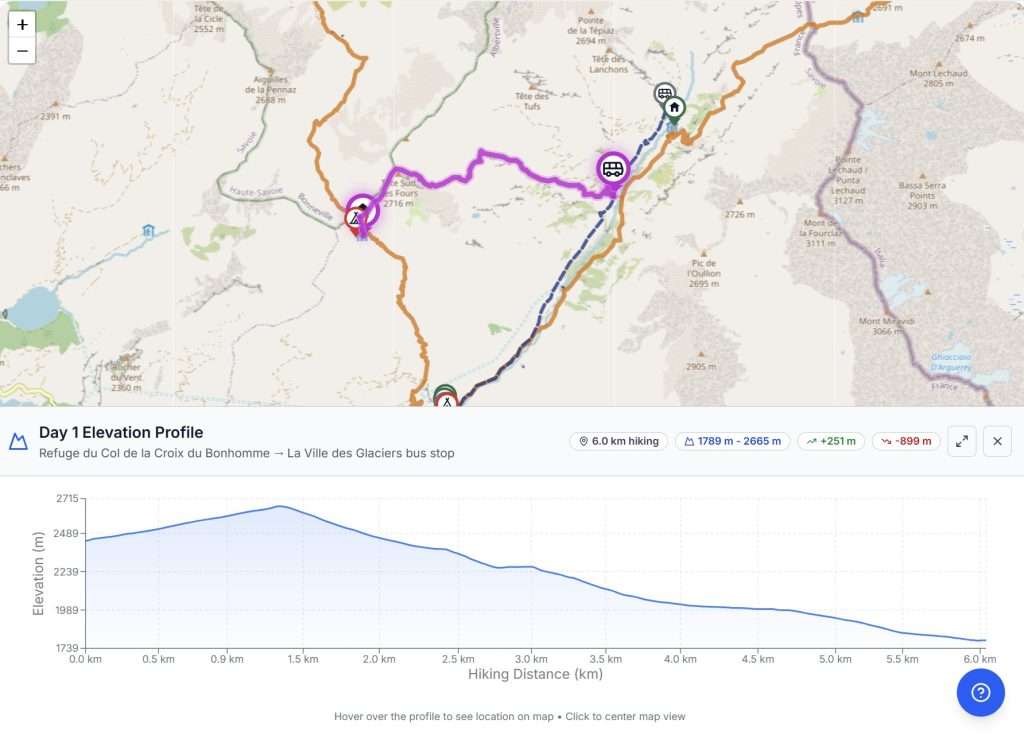 Map and elevation profile for the Col des Fours variant on the Tour du Mont Blanc.
