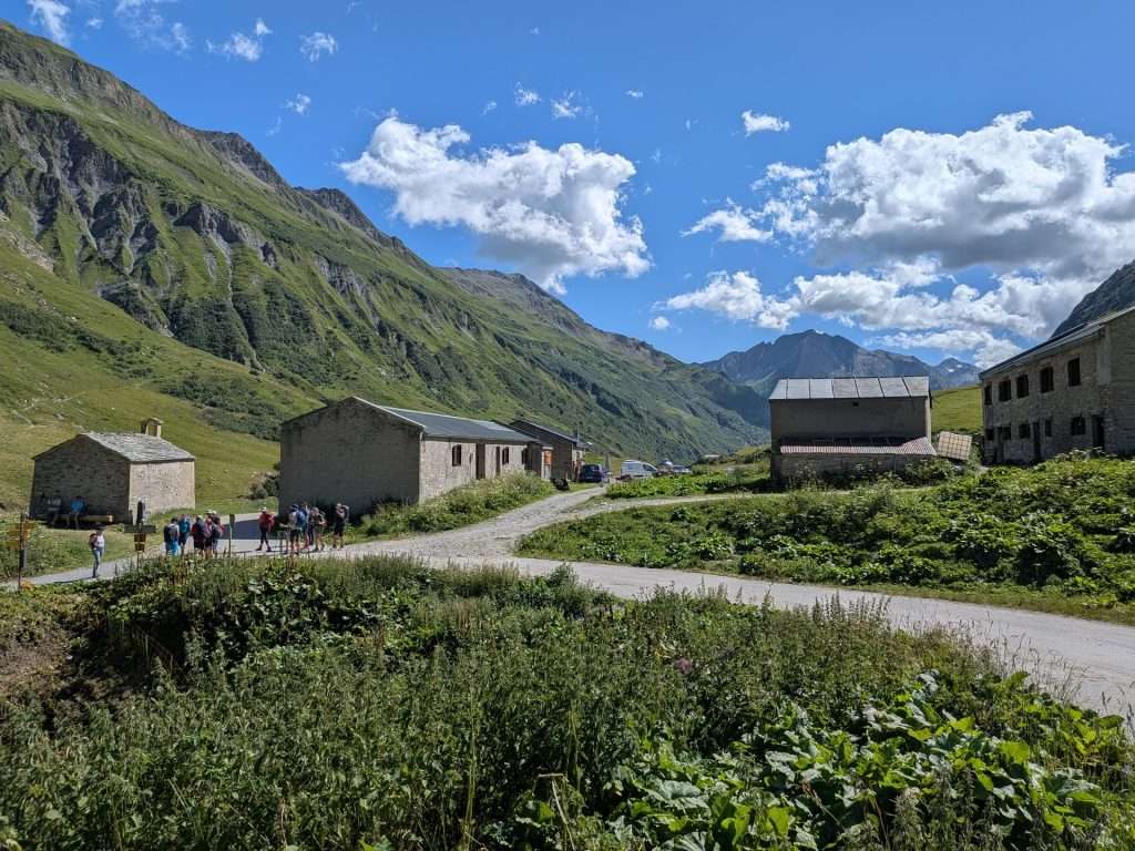The small buildings at Ville des Glaciers at the end of the col des fours.